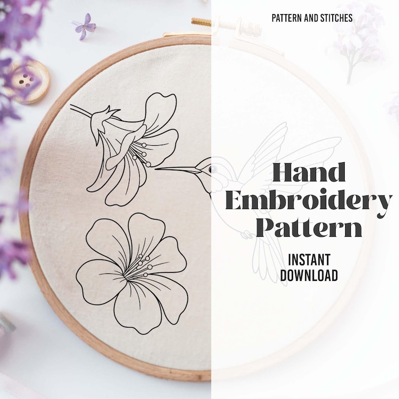 Hummingbird With Flowers Hand Embroidery Design, Hummingbird Embroidery ...