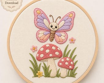 Mushroom Hand Embroidery Pattern / Instant Download Tutorial / Butterfly Fungus Design / Cute Toadstool Hoop Art Cottagecore Nursery Gift