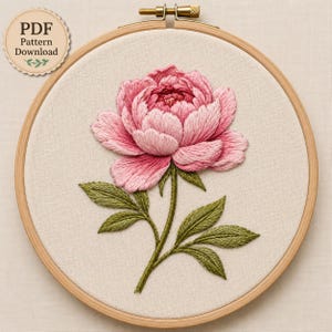 Pink Peony Hand Embroidery Pattern / Instant Download Tutorial / Shaded Floral Blossom Design / Realistic Botanical Hoop Art