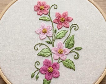 Pink Blossom Vine Hand Embroidery Design, Vine Flowers Embroidery Pattern PDF File