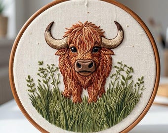 Highland Calf Embroidery Design, Calf in Grass Hand Embroidery Pattern, Animal Embroidery Design PDF Download