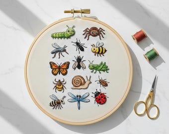 Tiny Bugs Collection Hand Embroidery, Bugs Embroidery Design, Instant download (PDF template)