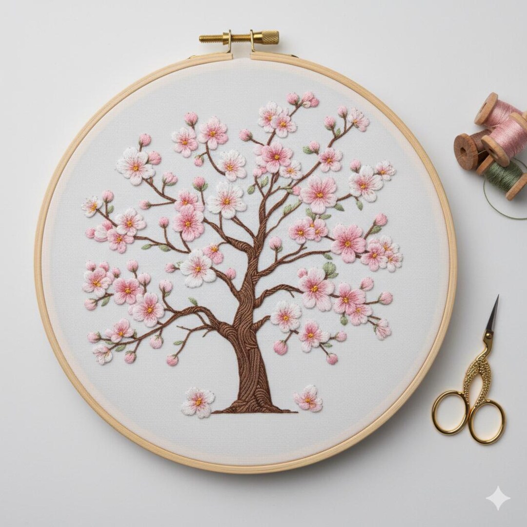 Cherry Blossom Tree Embroidery Pattern PDF | Pink Floral Hand ...