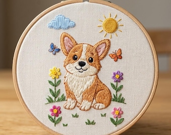 Corgis im Garten Stickmuster, Corgis Handstickerei, Botanisches Tier Design PDF Download