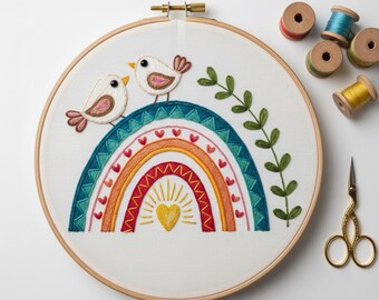 Rainbow Birds Embroidery Pattern PDF | Cute Couple Birds Hand Embroidery Design with Sunset Heart | DIY Whimsical Stitch Template
