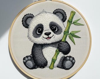 手刺繍の訪問着(パンダ柄) パンダの刺繍パターン：花柄動物クロスステッチ、手芸好きへのギフト