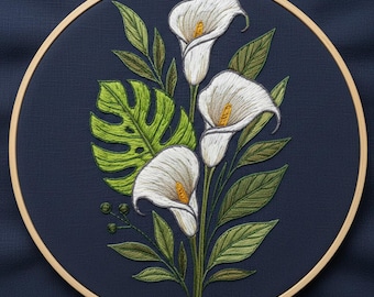 カラーリリーの刺繍デザイン、ユリの花の刺繍テンプレート PDF ファイル（即時ダウンロード）