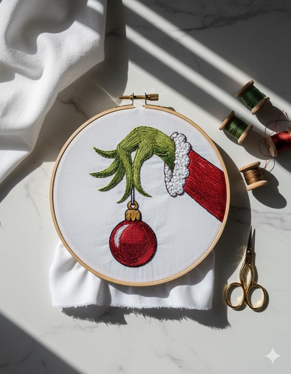 Christmas Grinch Hand Embroidery Pattern: Floral Ornament Pattern, instant download (PDF template)