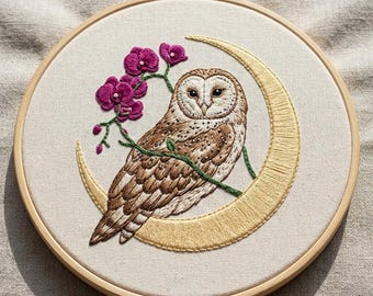 Owl With Moon Hand Embroidery Design, Crescent Owl Hand Embroidery Pattern, Owl Bird Embroidery Design PDF Download