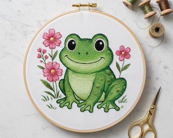 Patrón de bordado de rana feliz (PDF) / Diseño de bordado a mano de sapo con flores / Plantilla de punto DIY con motivos de naturaleza y estanque