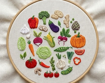 野菜コレクション刺繍手刺繍パターン、モダンフープアート、6サイズ（PDFダウンロード）