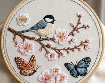 Diseño de bordado a mano de pájaro cantor sobre cereza, patrón de bordado de mariposa y flores, archivo PDF