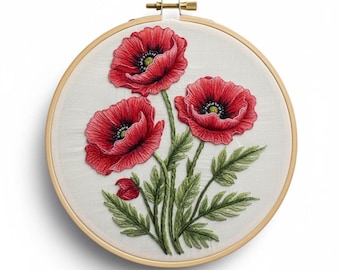 Red Poppies Hand Embroidery, Flowers Embroidery Design, Instant download (PDF template)