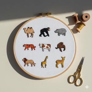 Puede incluir: Un bastidor de bordado con un fondo de tela blanca, que muestra diseños de animales bordados como un camello, mono, hipopótamo, tigre, vaca, foca, león, jirafa y ciervo. El bastidor está enmarcado en madera con herrajes dorados. También se ven suministros de costura.