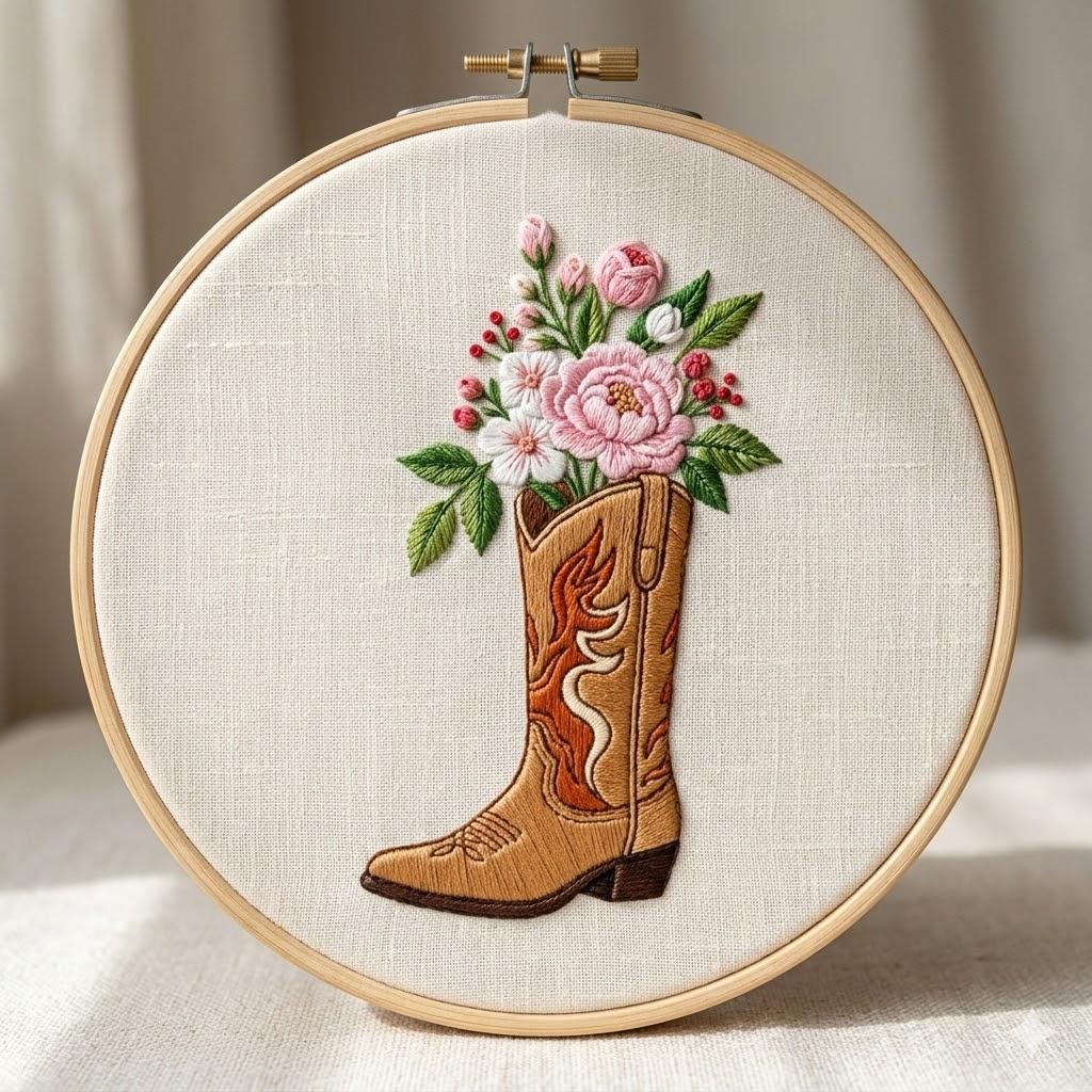 Western Floral Boot Hand Embroidery Design, Cowboy Boot Embroidery ...