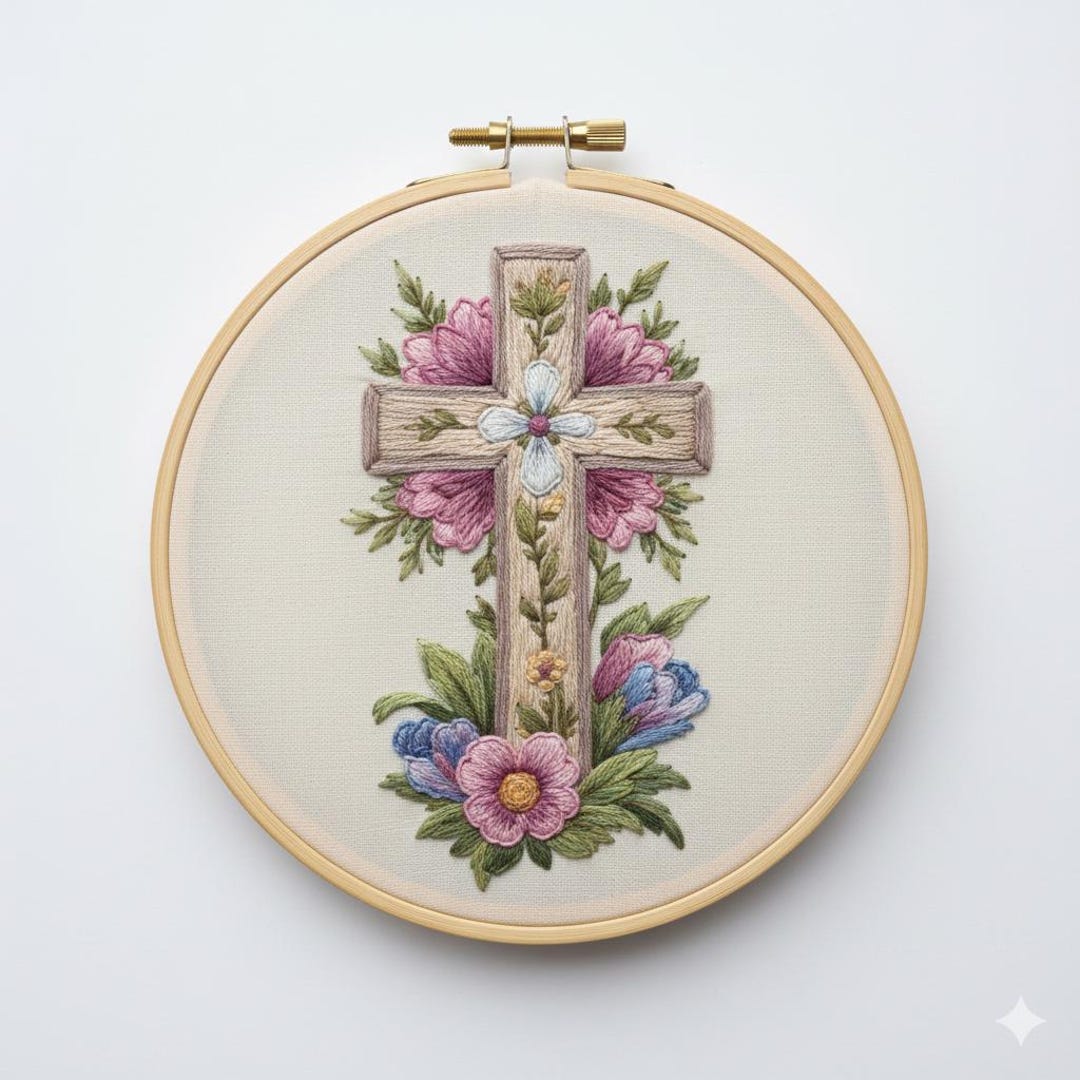 Floral Cross Hand Embroidery Pattern, Floral Embroidery Design ...