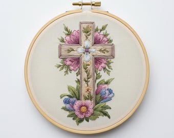 花の十字架の手刺繍パターン、花の刺繍デザイン、キリスト教の十字架の刺繍PDF