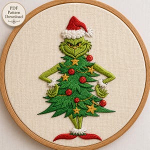 Christmas Tree Grinch Hand Embroidery Pattern PDF | Holiday Green Character Digital Template | Santa Hat Grinch Hoop Art Design