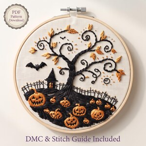 May include: A circular embroidery hoop containing a white fabric panel with a black and orange thread design of a spooky tree, a small house, a flying bat, and several jack-o'-lanterns. Text reads PDF Pattern Download and DMC & Stitch Guide Included.