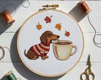 ミルクカップを持つダックスフントの手刺繍、ダックスフントの刺繍デザイン、即時ダウンロード（PDFテンプレート）