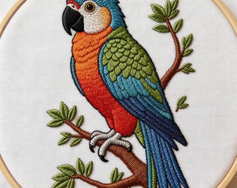 Diseño de bordado a mano de guacamayo en rama, archivo PDF de bordado de loro