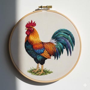 May include: A colorful embroidered rooster displayed in a wooden hoop. The rooster features a red comb, yellow and orange feathers, and a blue and green tail. The embroidery is on a cream-colored fabric.