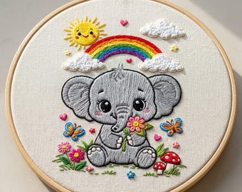 Baby Elefant Stickmuster, Gartenelefant Handstickerei, Regenbogen Elefant Stickmuster PDF Download