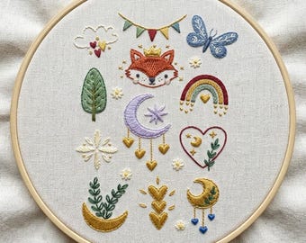 風変わりな装飾の刺繍手刺繍パターン、モダンなフープアート、6サイズ（PDFダウンロード）