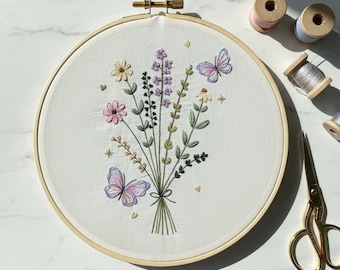 Patrón de bordado de ramo de flores silvestres y mariposas en PDF / Diseño floral delicado para bordado a mano / Plantilla de puntada botánica de primavera DIY