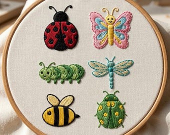 庭の生き物たちの刺繍パターン、モダンなフープアート、6サイズ（PDFダウンロード）