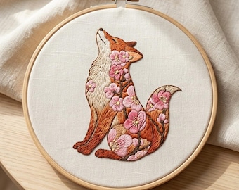 Floral Fox Embroidery Pattern, Blooming Kitsune Hand Embroidery Design, Floral Kitsune Embroidery Design PDF Download