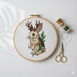 May include: An embroidery hoop with a whimsical design featuring a rabbit with deer antlers, holding a green leafy branch. The rabbit is brown and white, with detailed stitching. Gold scissors and thread spools are nearby.