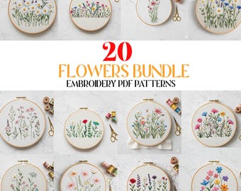 Paquete de patrones de bordado a mano de flores silvestres, colección de diseños de bordado floral, bordado a mano, PDF de bordado