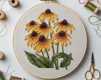 Diseño de bordado a mano de girasoles, archivo PDF de bordado de flores