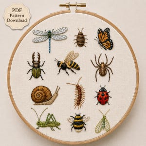 May include: An embroidery hoop containing a cream-colored fabric with twelve stitched insects and arachnids, including a dragonfly, beetle, butterfly, bee, spider, snail, centipede, ladybug, grasshopper, and moth. Text reads PDF Pattern Download.