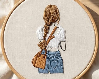 Girl With Bag Hand Embroidery Design, European Girl Hand Embroidery Pattern, Girl Embroidery Design PDF Download