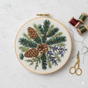 May include: A round embroidery hoop featuring a detailed needlepoint design of pine cones, evergreen branches, and blue berries. The embroidery is set against a cream-colored fabric, with gold scissors and spools of thread nearby. The design evokes a natural, winter theme.