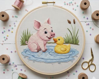 Pig And Chicklet Hand Embroidery Design, Pig Embroidery PDF File