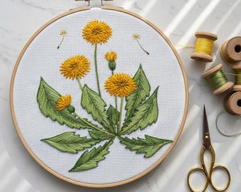 植物タンポポの手刺繍パターン、デジタルPDFファイル、即時