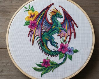 Diseño de bordado a mano de dragón floral, archivo PDF de bordado de dragón con flores