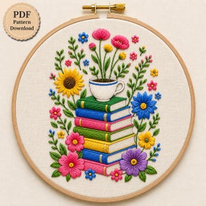 Floral Book Stack Hand Embroidery Pattern PDF | Bookish Digital Template | Teacup Botanical Hoop Art Design | Reader Stitching Guide