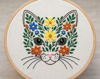 Floral Cat Face  Hand Embroidery Pattern Digital, Botanical Kitten Animal Embroidery Design for Beginner, DIY Pet Lover Wall Art Gift
