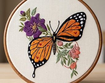 Monarch Butterfly Hand Embroidery Pattern / Instant Download Tutorial / Purple Floral Design / Modern Insect Hoop Art Decor Gift