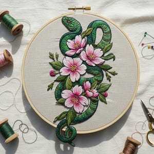Puede incluir: Una obra de arte bordada con una serpiente verde entrelazada con flores de cerezo rosas y hojas verdes, dentro de un bastidor de bordado de madera. Carretes de hilo y herramientas de costura rodean el bastidor.