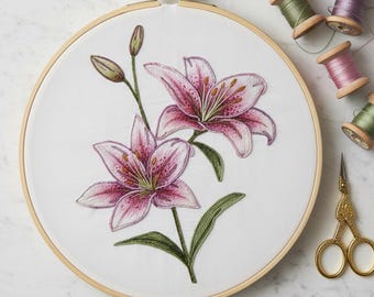 鉢植えのユリの花の刺繍パターンPDF | 白いユリの手刺繍デザイン | DIYの花と植物の刺繍テンプレート