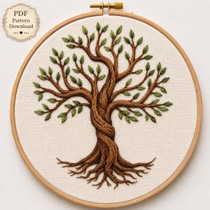 May include: A circular wooden embroidery hoop containing a fabric panel with a hand-stitched tree design. The tree features a thick, twisted brown trunk and roots with numerous branches extending outward, adorned with small, individual green leaves.
