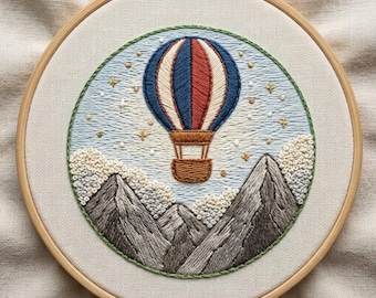 Hot Air Balloon Landscape Hand Embroidery Pattern, Air Balloon Over Mountains Embroidery Design, Whimsical Travel Hoop Design PDF Download