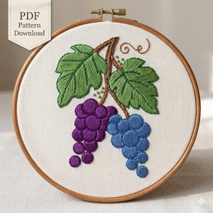 May include: A round wooden embroidery hoop containing white fabric with a hand-stitched design of two grape clusters, one purple and one blue, with green leaves and brown stems. A tag in the upper left corner reads PDF Pattern Download.