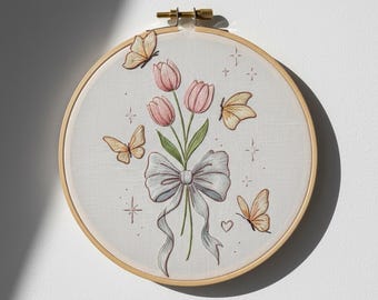 Diseño de mariposa con bordado de flores, plantilla de bordado de flores, archivo PDF (descarga instantánea)