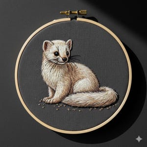 Puede incluir: Bastidor de bordado con una imagen cosida a mano de una comadreja. La comadreja está representada en tonos crema y marrón sobre una tela gris oscuro. El bastidor de madera se asegura con un cierre de latón.